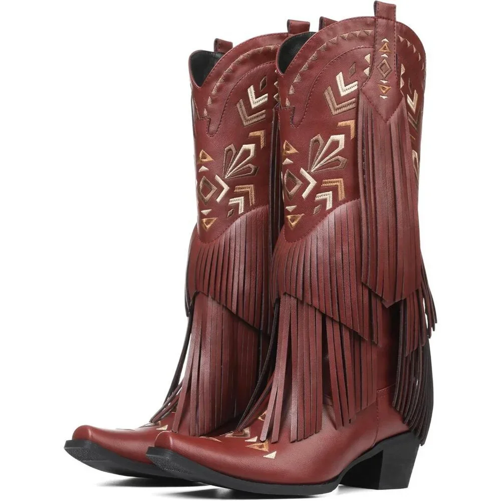 Women's Wine Red Cowgirl Boots Imported Polyester Knee High Pull-on Fringe Boots